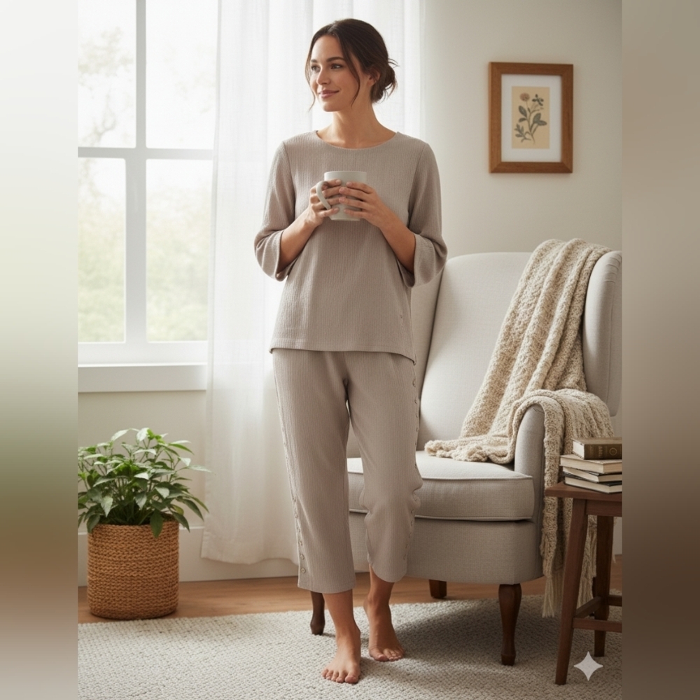 Soft Surroundings Cream Wide‎ Leg Pants And Top Set Small New Loungewear